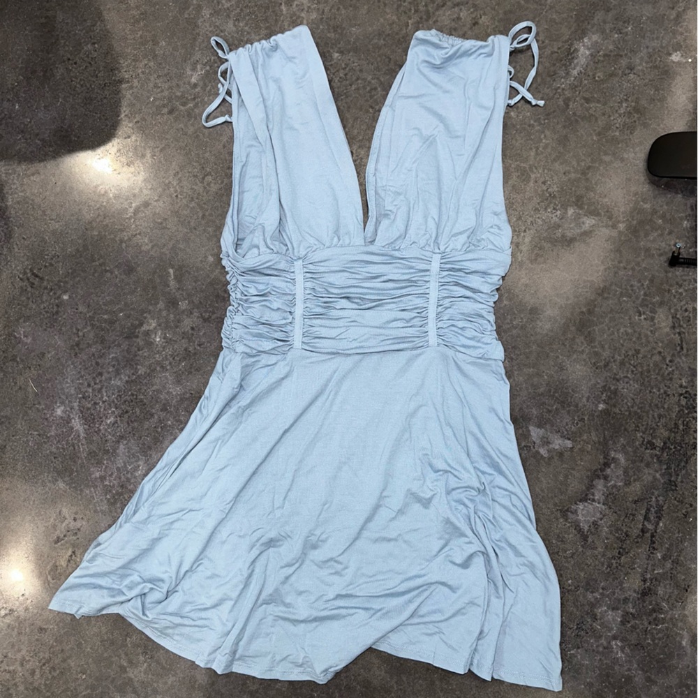 NWT Free People Sweet Summer Mini Dress Faded Denim ruche tie up waist skater - Picture 8 of 8